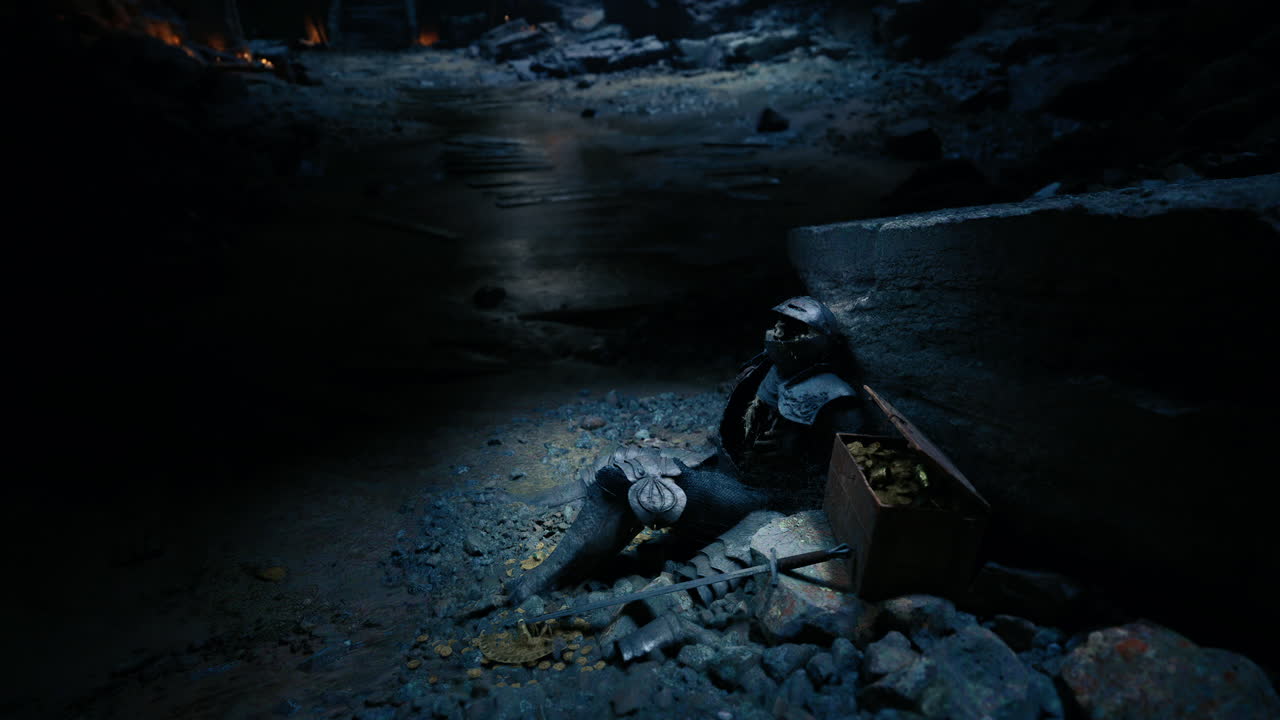 Dead knight resting in a dark cave with ancient treasures surrounding him
