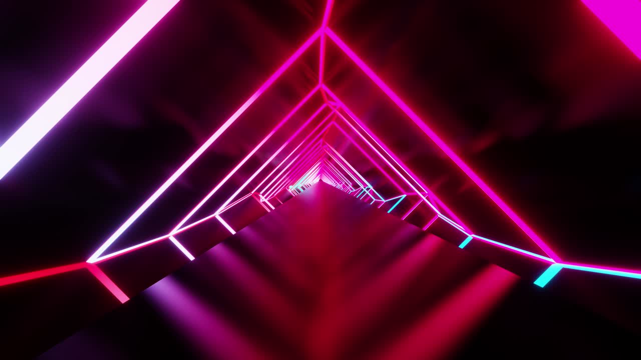 sfondo geometrico astratto, luce ultravioletta fluorescente, linee luminose al neon, spettro blu rosso rosa viola, illuminazione moderna a colori, animazione 4k, rendering 3d