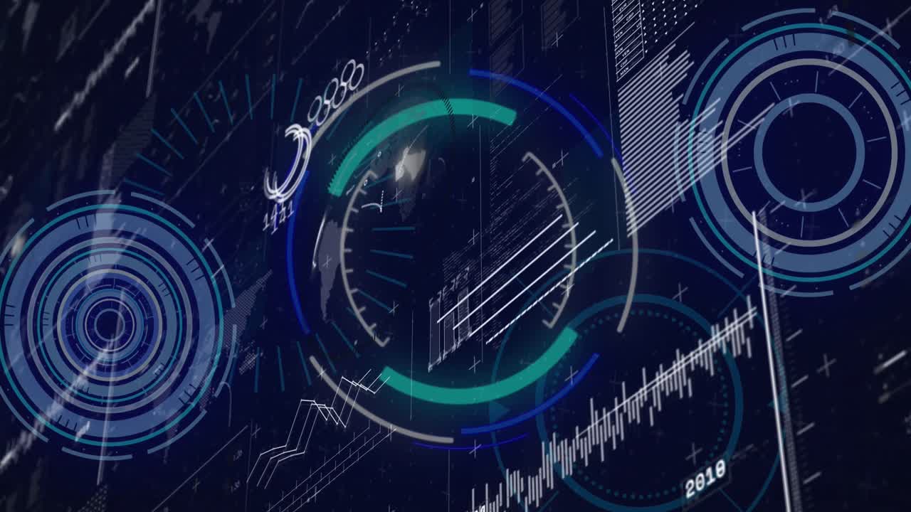 Animation of multiple neon round scanners against interface with data processing on blue background