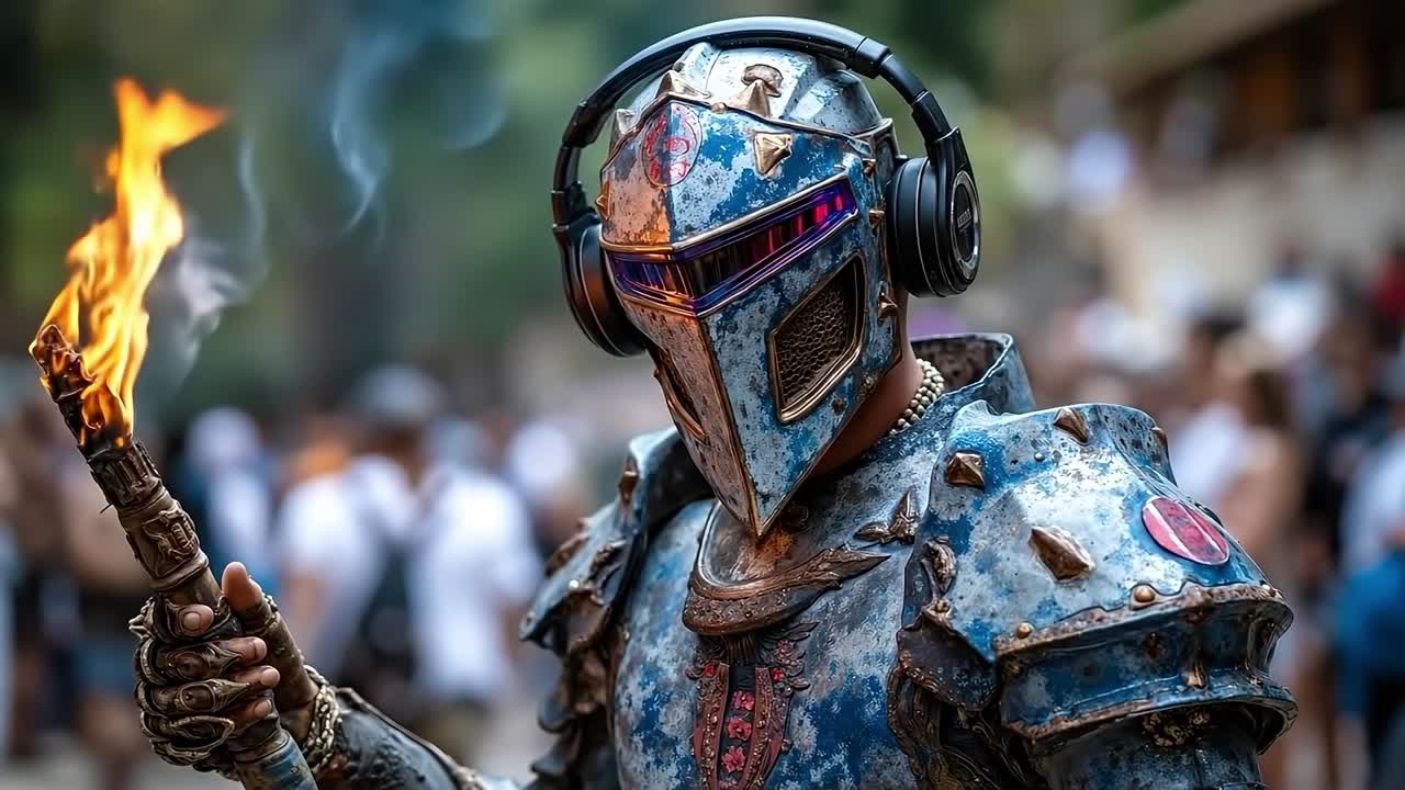 A man in a helmet and armor holding a torch in his hand