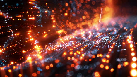 a computer generated image of a cityscape with bright orange lights. the image has a futuristic and technological feel to it