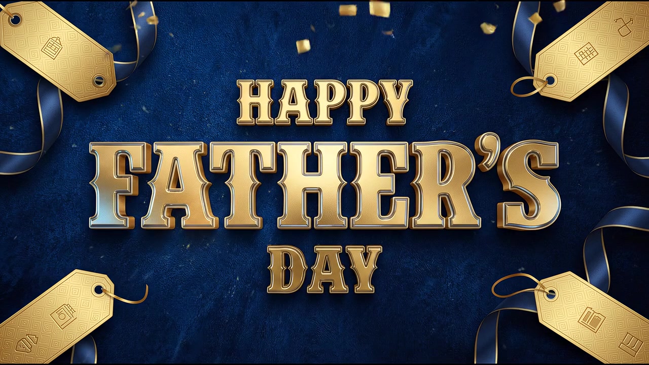 Glædelig Fars Dag festlig banneranimation med luksuriøs guldtypografi og bånd på blå baggrund.