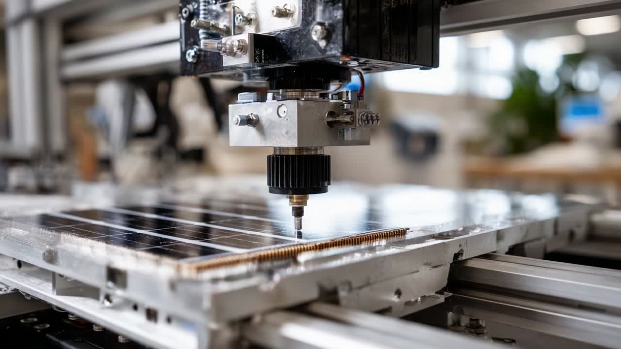 High-Precision Automated Technology for Manufacturing Solar Panels with Advanced Machinery. The image showcases a detailed setup highlighting the intricate work being performed on solar panel components
