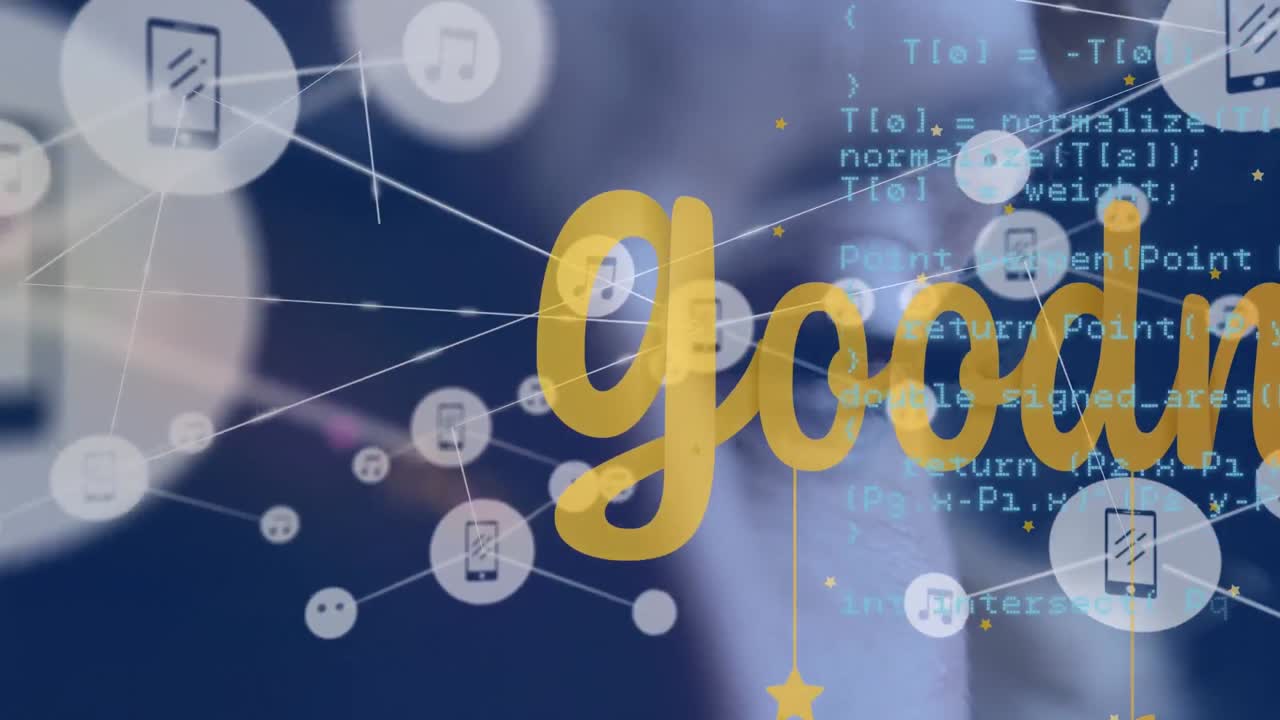 Animation of text, network of connections with icons over woman's face