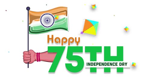 happy 75th independence day of india. 15 august celebration with waving flag in hand