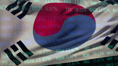 animación del procesamiento de datos financieros sobre la bandera de corea del sur