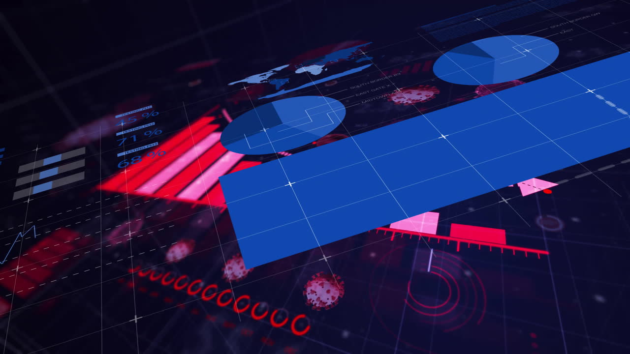 Futuristic dashboard being animated in scene, with 3D bar charts, pie graphs, neon highlights