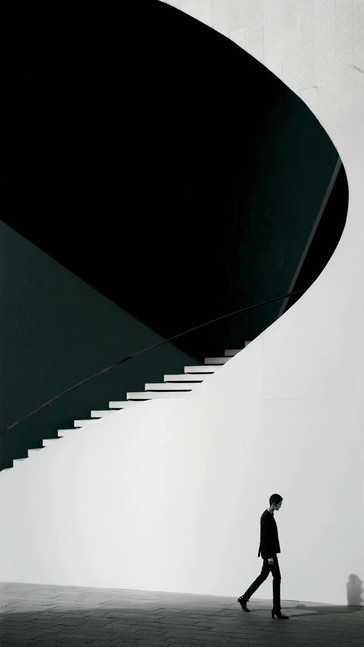 A minimalist video concept featuring a person ascending a spiral staircase
