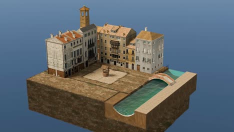 3d animation showing a model of a venetian square with a canal and bridge