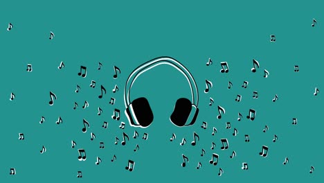 loopable animation of headphones surrounded by musical notes on a green background