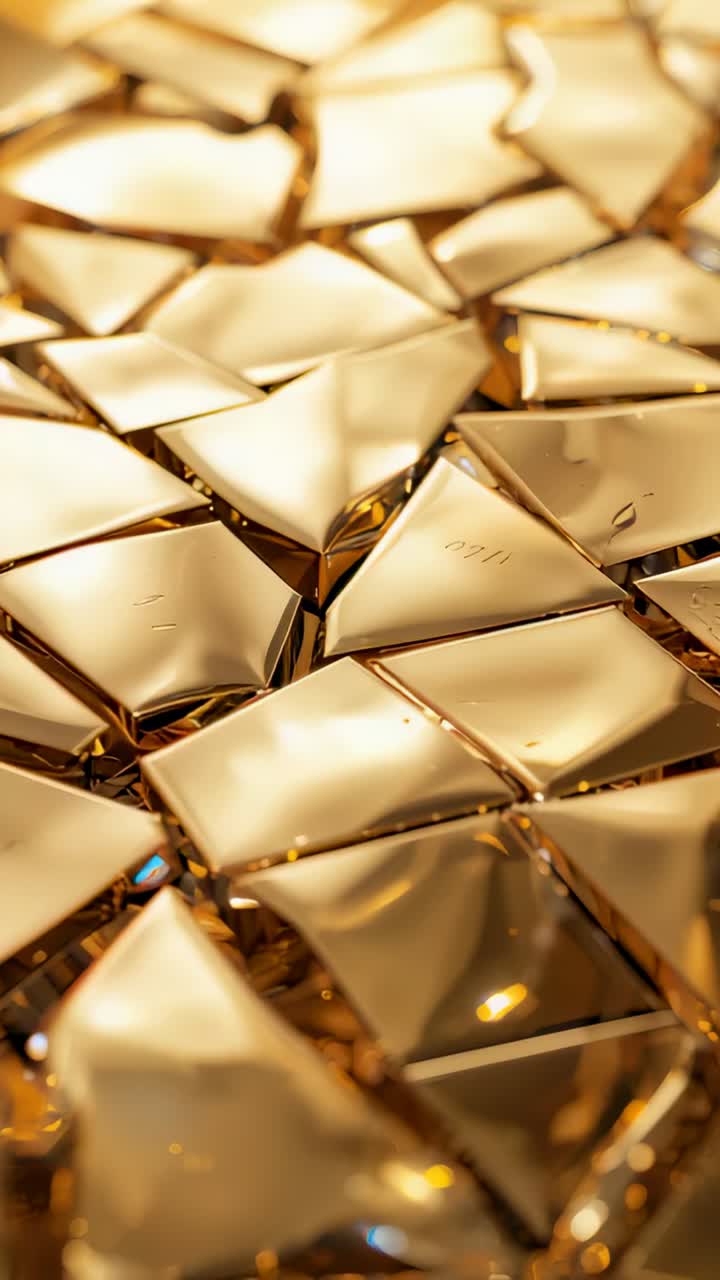 Vertical video: Shifting camera revealing gold tiles in gallery, revealing stamped marks and glints