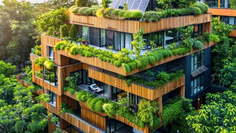 modern green building with solar panels and lush gardens