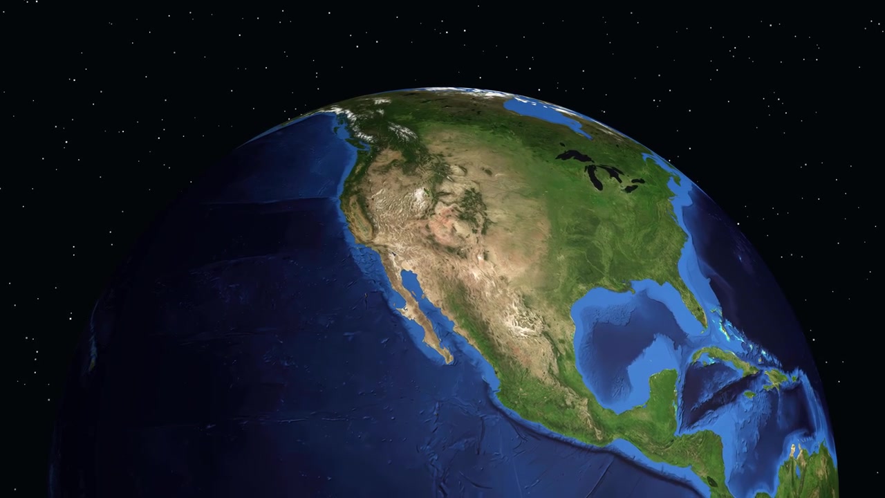 Un globo digitale ruota e zooma su Fresno, California, mostrando statistiche sulla popolazione locale