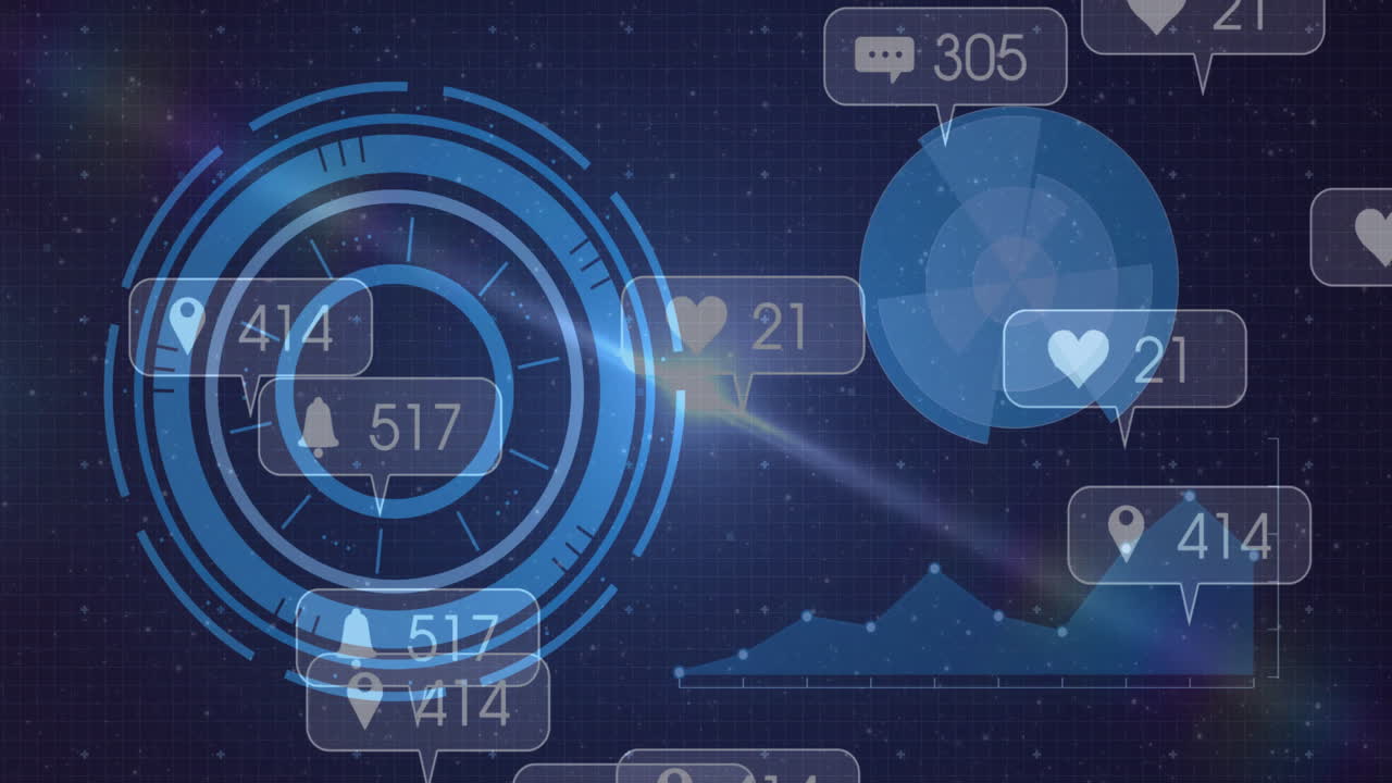 소셜 미디어 알림과 사용자 상호 작용은 디지털 인터페이스 배경에서 애니메이션됩니다.