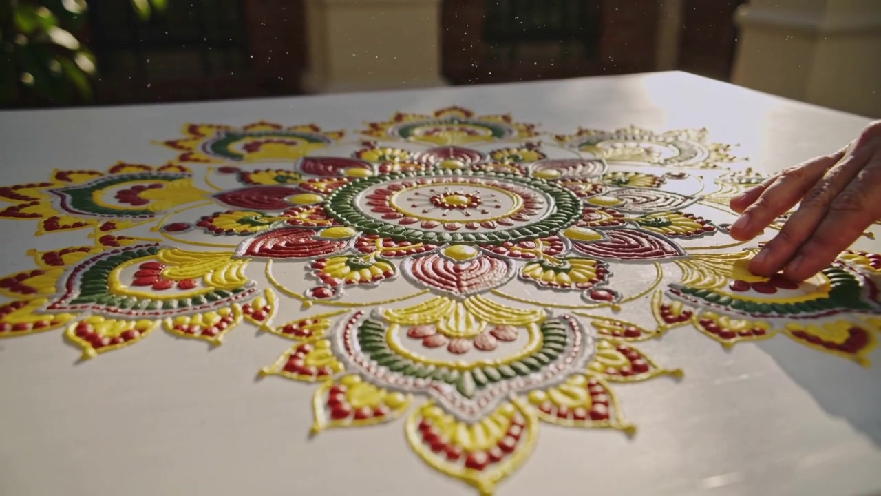 Entrando da destra, la mano destra dell'artista che leviga un mandala colorato su una lavagna bianca da patio per completare.