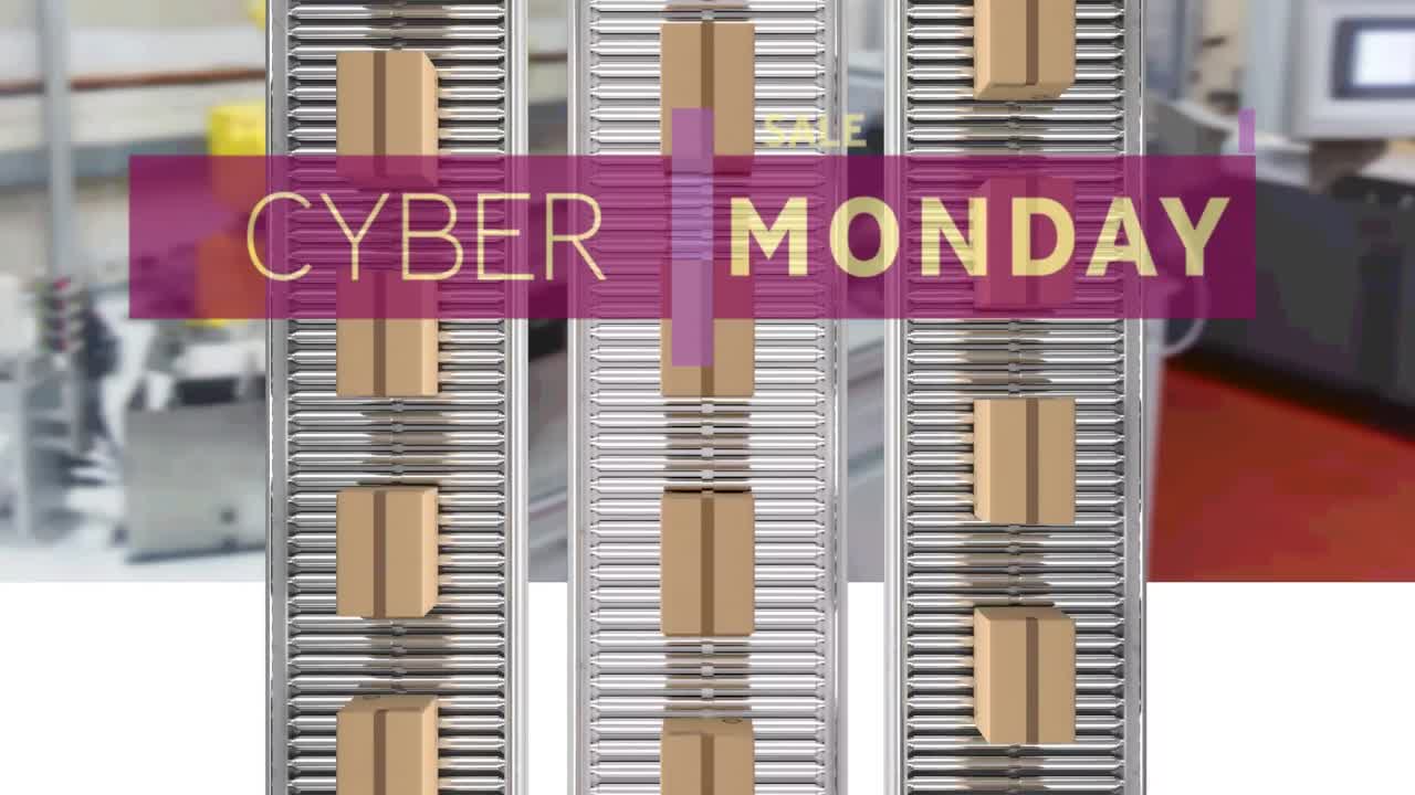 Animation of cyber monday text over cardboard boxes on conveyor belts