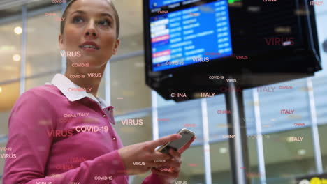 animación de palabras flotantes de covid-19 sobre una mujer caucásica que usa un teléfono inteligente en el aeropuerto