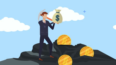 joven empresario con bitcoin y bolsa de dinero