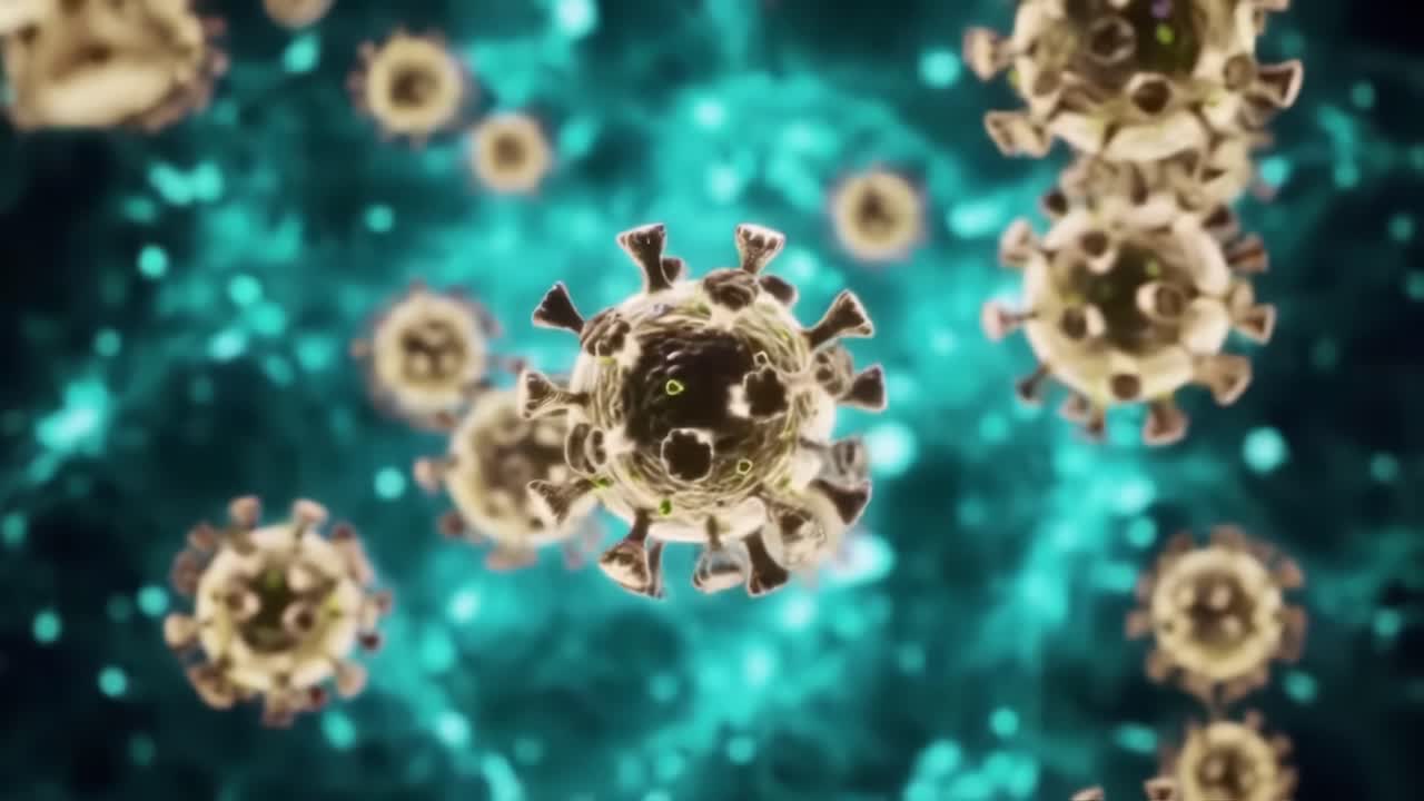 Intricate Visualization of Viral Structures: A Close-up Examination of Coronavirus Particles Under Microscopic Conditions Showcasing Their Unique Morphology and Composition
