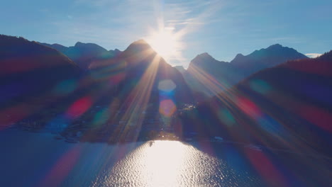 heavenly austria achensee mountain lake view of sunset, nature drone flight, slow push in, wide angle