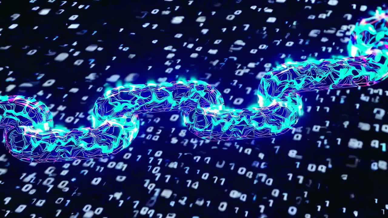 Futuristic video concept of a glowing digital chain with binary code