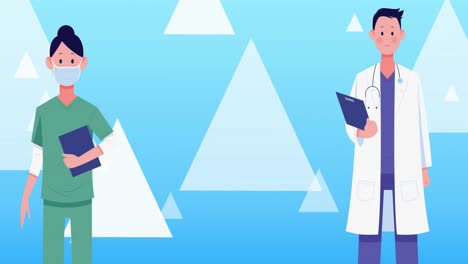 Animation-of-two-doctors-with-face-mask-and-triangle-icons