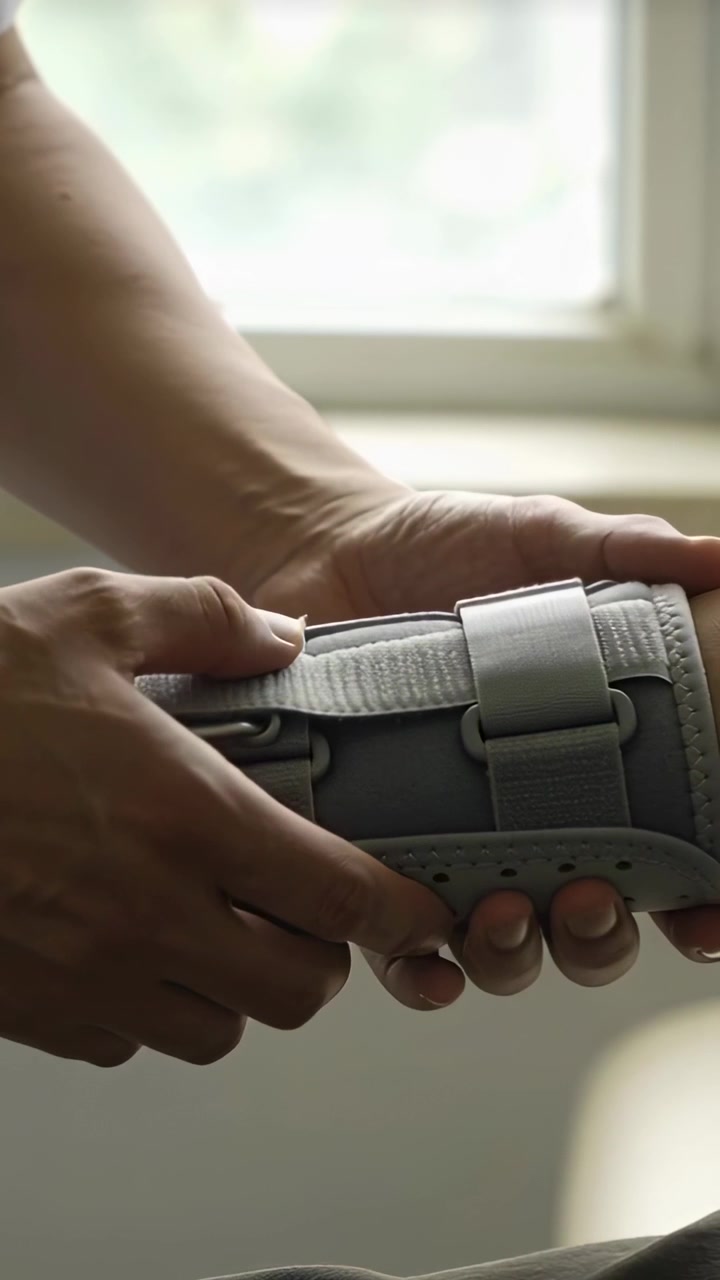 Video verticale: Pollice che preme il Velcro, mani che fanno passare una cinghia attraverso un anello, fissando un tutore vicino a una finestra.
