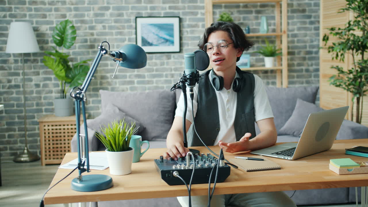 Teenager Podcaster Recording a Podcast at Home