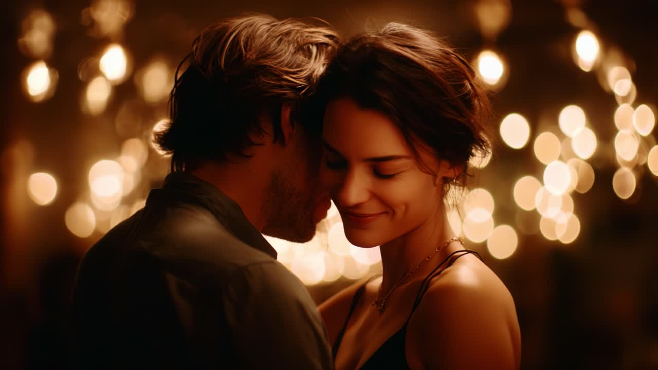 A Romantic Embrace in a Softly Lit Environment: Capturing an Intimate Moment Between Two People Surrounded by Beautiful String Lights and a Warm, Inviting Atmosphere