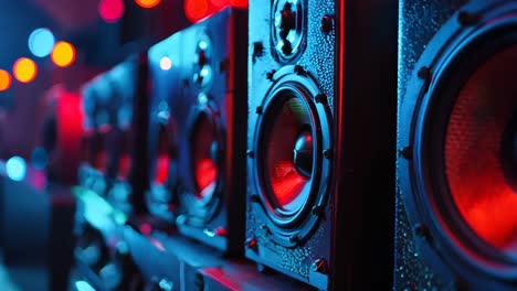 a row of speakers sitting on top of a table