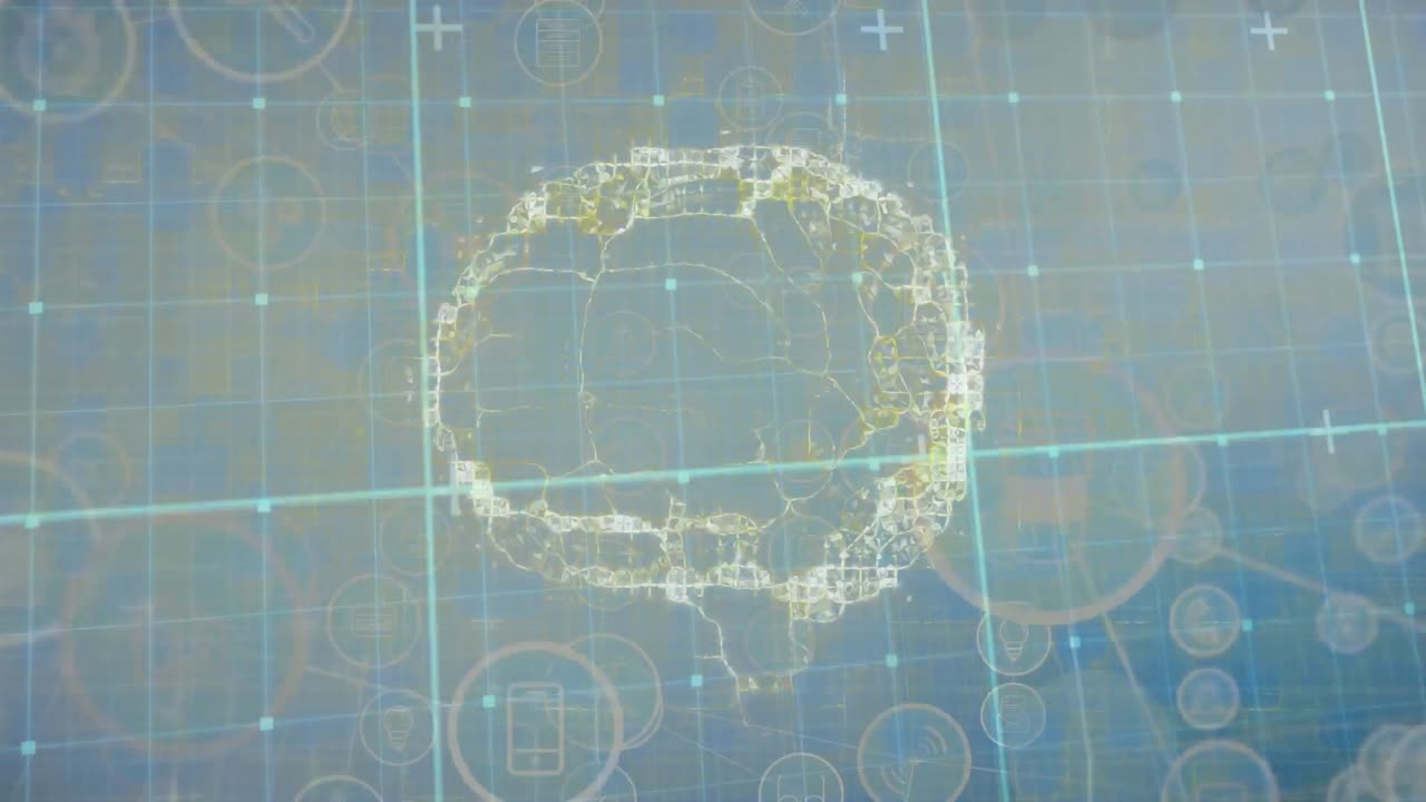 뇌 스캔과 연결 네트워크의 애니메이션과 그리드 상의 데이터 처리