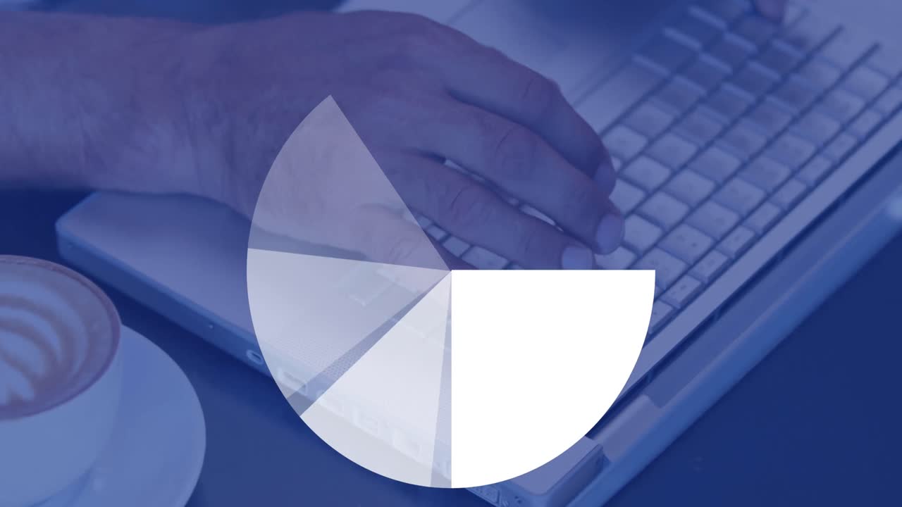 Animation of pie chart rotating over coffee cup and cropped hands of caucasian man using laptop