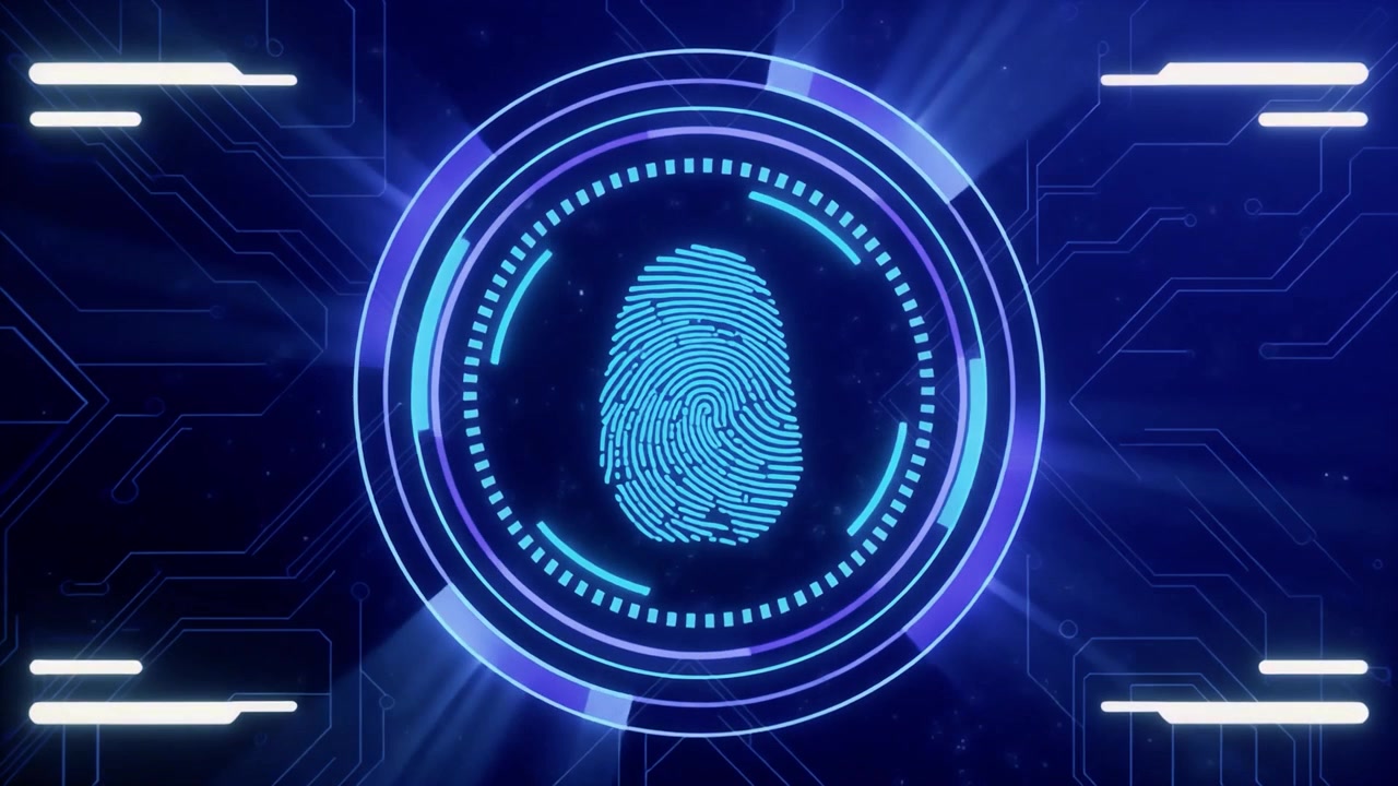 Digital Fingerprint Scanning Interface on Blue Circuit Board Background