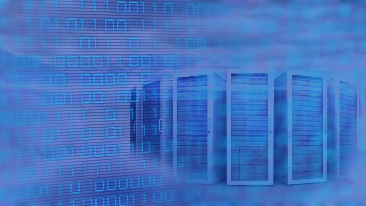 Animation of binary coding against computer servers in the sky