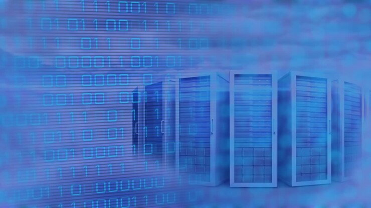 Animation of binary coding against computer servers in the sky