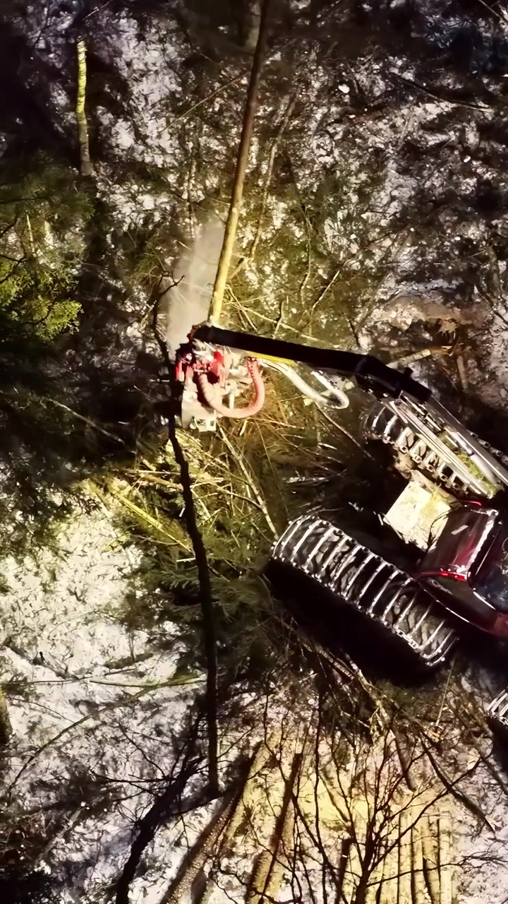 Natskift skovbrugsmaskiner rydder skovområde, viser skovrydning, skovhugstaktivitet, landrydning og miljøpåvirkning, top-down vertikalt luftfoto