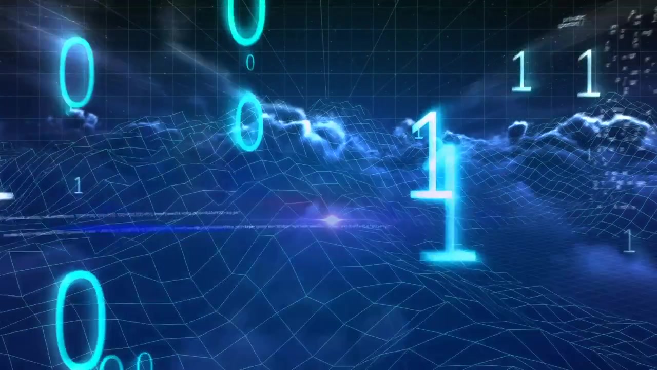 Animation of binary code and data processing over clouds in digital space