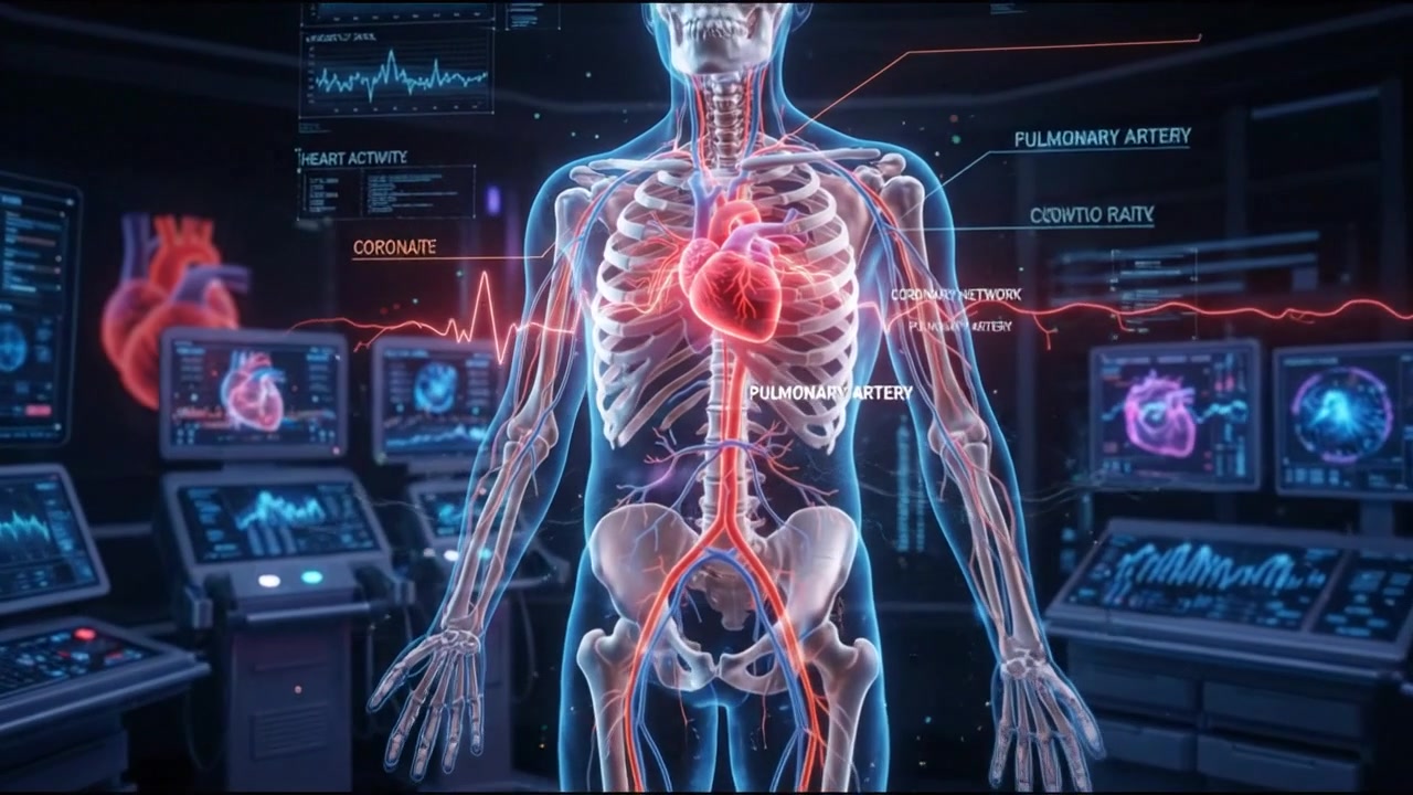 Futuristic medical computer workstation displaying full body hologram