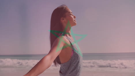 Woman-standing-with-arms-outstretched-on-beach-over-morocco-flag-animation