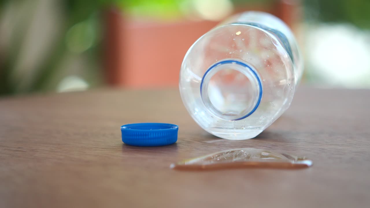 botella de agua vacía en la mesa con derrame