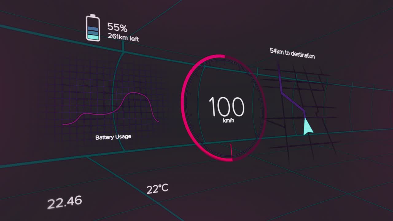Dashboard detecting speed jump displaying battery usage graph, speed changing showing acceleration
