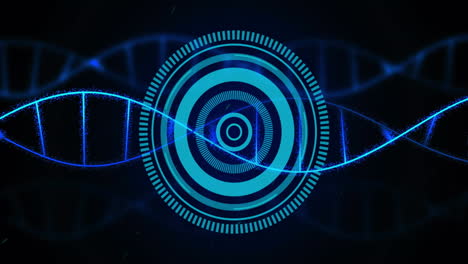 animación de la cadena de adn y procesamiento de datos digitales sobre un fondo negro