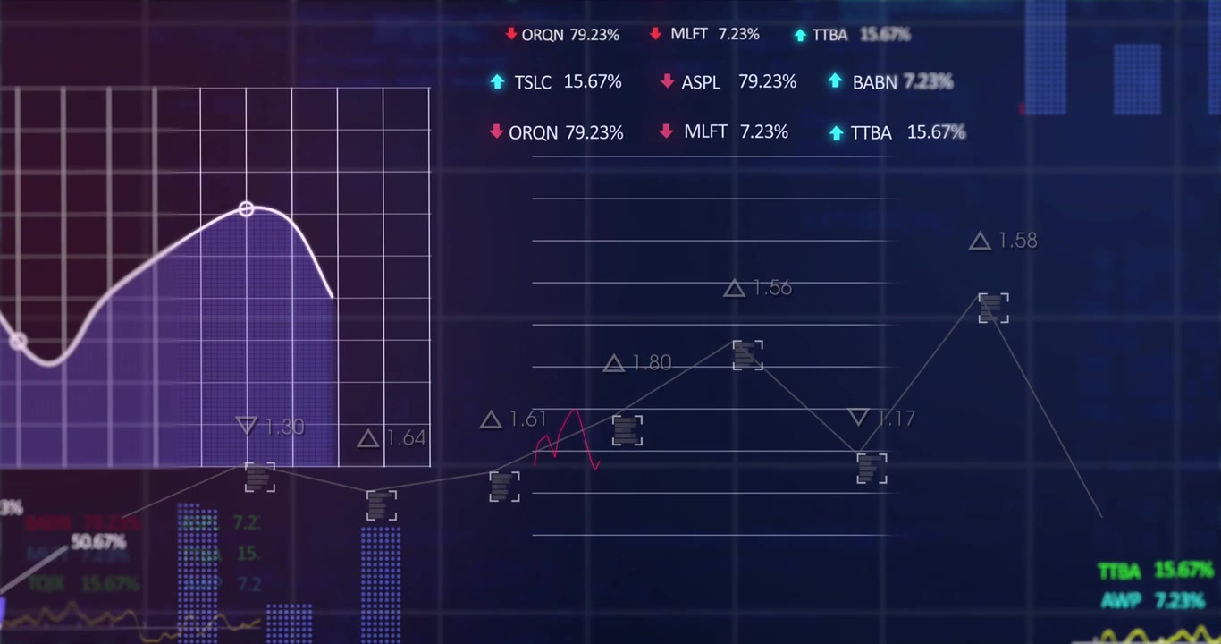 Animation of graphs, changing numbers, trading boards and computer language over black background