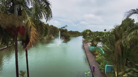 beautiful fountain in the middle of the lake at the gardens by the bay in singapore - wide shot
