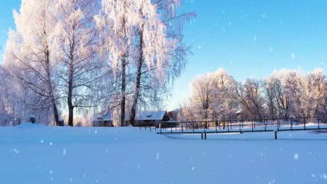 Icónico-Paisaje-Rural-Invernal-Cubierto-De-Nieve,-Vista-Hacia-Adelante-En-Plataforma-Rodante