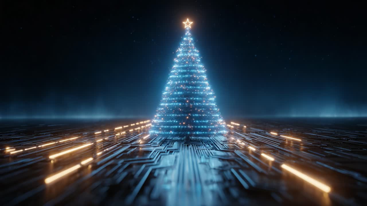 A Stunning, Futuristic Christmas Tree Illuminated with Glowing Lights, Set Against a High-Tech Background Featuring Circuit Patterns and a Beautiful Star on Top