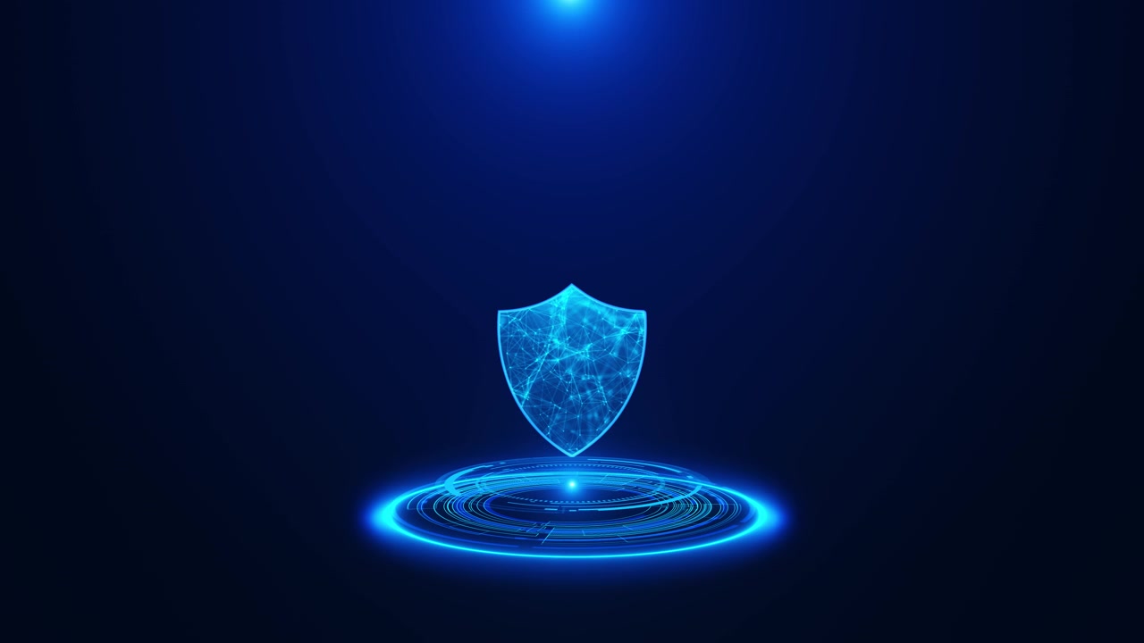 Cyber defense shield hologram visual with bright blue protection symbol glowing circular base and