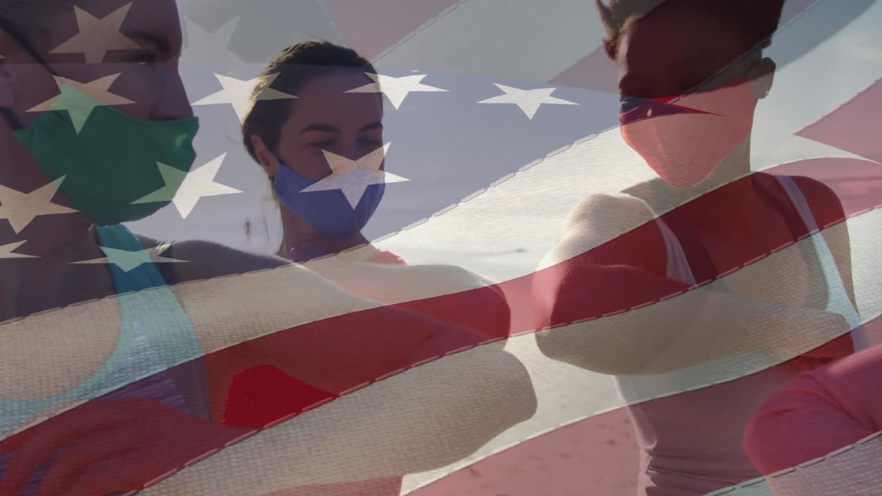 animación de la bandera de los estados unidos de américa sobre personas con máscaras faciales en la playa