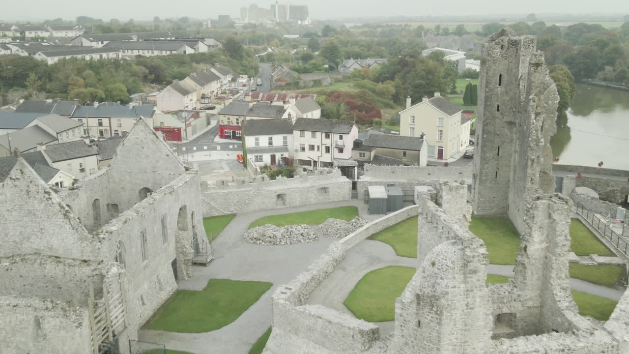 Aerial View of Castle Ruins and Town in Ireland