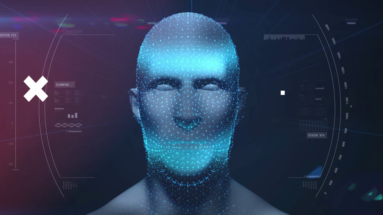 Animation of white crosses over global network, digital head interface, and green moon and landscape